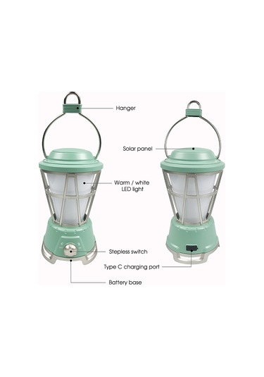 Geeksen Yeşil Güneş Enerjili Led Feneri - Kamp, Yürüyüş İçin Vintage Asma Lambası Yeşil