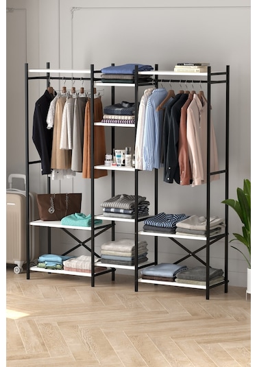 10 Raflı Metal Gardırop Metal Portmanto Açık Gardırop Elbise Dolabı Vestiyer Openix Beyaz