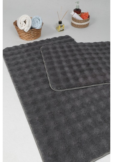 Modern Bubble Yıkanabilir Kaymaz Peluş Banyo Paspası Halısı 2li Klozet Takımı 60x100-50x60cm Antrasit