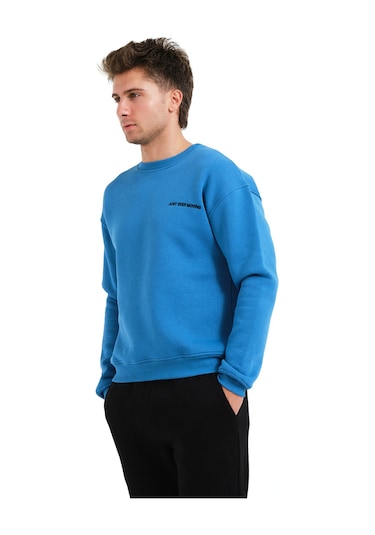 Justever Bisiklet Yaka Nakışlı Şardonlu İçi Polarlı Mavi Erkek Sweatshirt - Volar Mavi