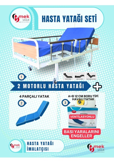 2 Motorlu Mdf Başlıklı Hasta Karyolası Boru Tipi Havalı Yatak Set