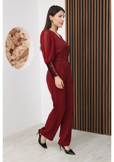 Lodmela Nursel Ergin Payet Detaylı Abiye Tulum 6056-bordo