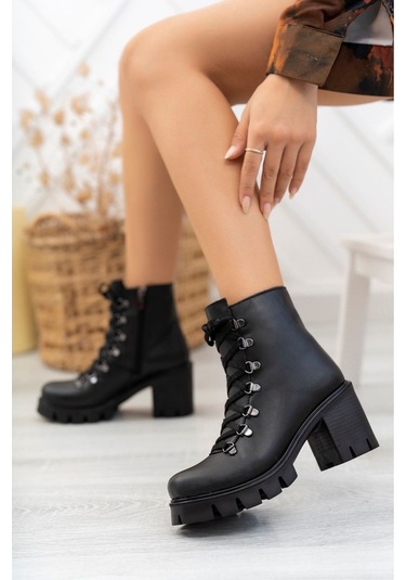 Gimer - Yandan Fermuarlı Süs Bağcıklı Siyah Cilt Bot - Ayc030 Siyah