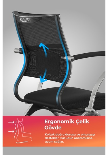 Ergolife Sit Air Toplantı Sandalyesi Tekerlekli, Krom Ayaklı, Fileli, Siyah, Çalışma Koltuğu -572.5f.1.662 Çok Renkli