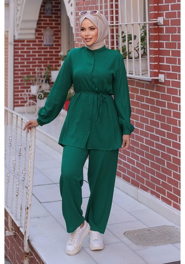 Hakim Yaka Detaylı Tesettür Yeşil Takım Yeşil