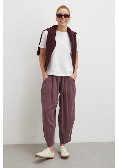 Never More Bağcıklı Beli Lastikli Pileli Pantolon Mürdüm Mürdüm