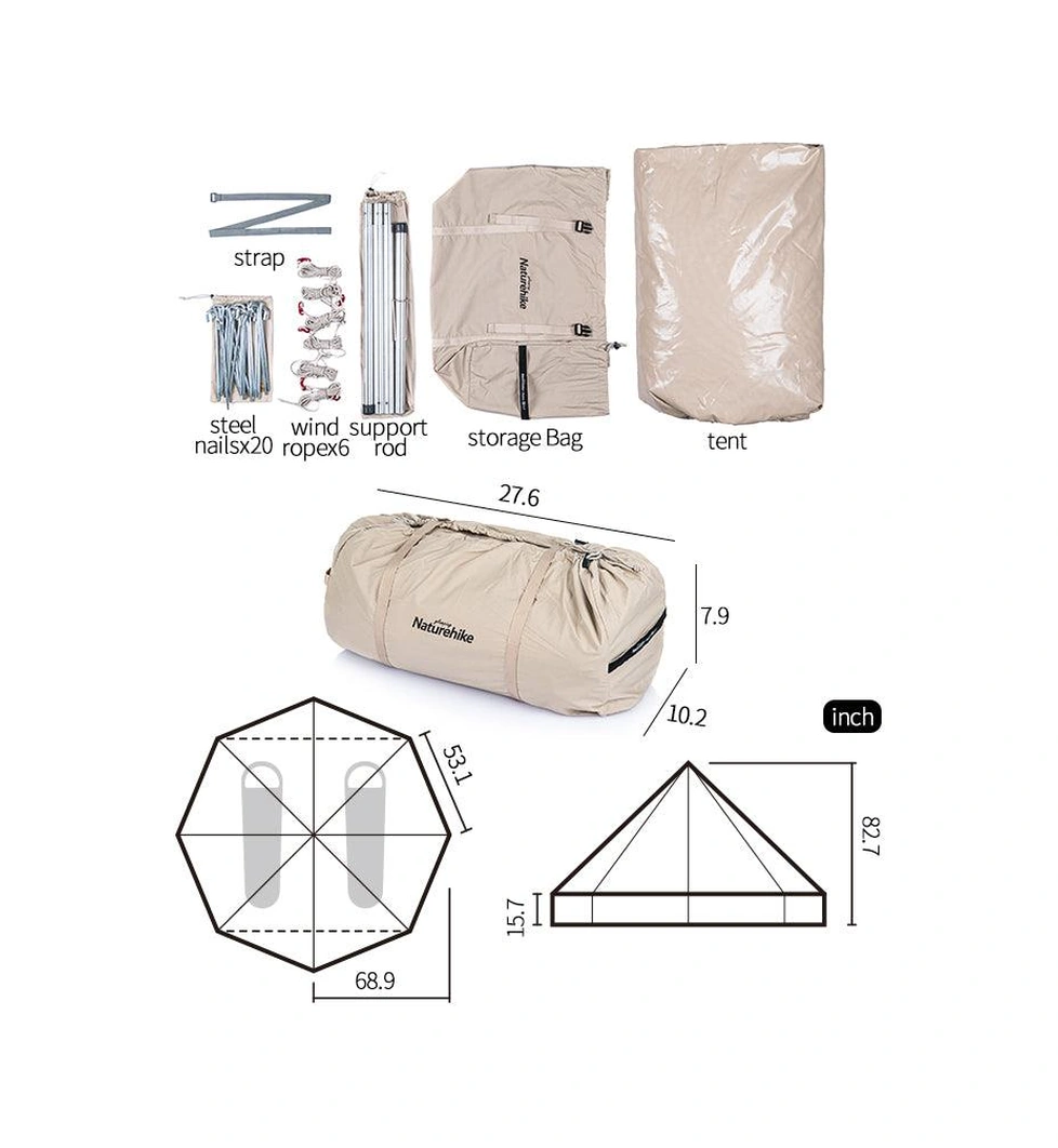 Naturehike Brıghten 6.4 Piramit 4 Kişilik Kanvas Pamuk Glamping Çadırı Bej