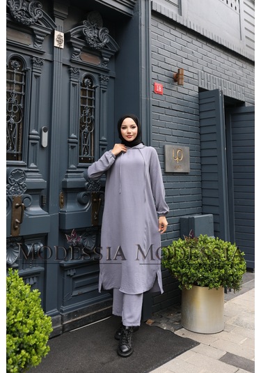 Kadın Gri Aerobin Uzun Kapşonlu İkili Takım T0222 Gri