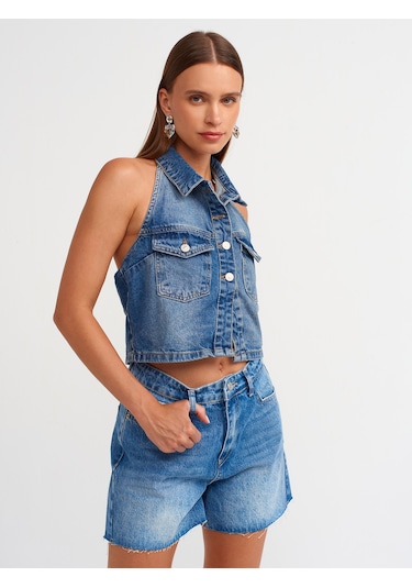 Dilvin Paçası Kesik Denim Şort Mavi