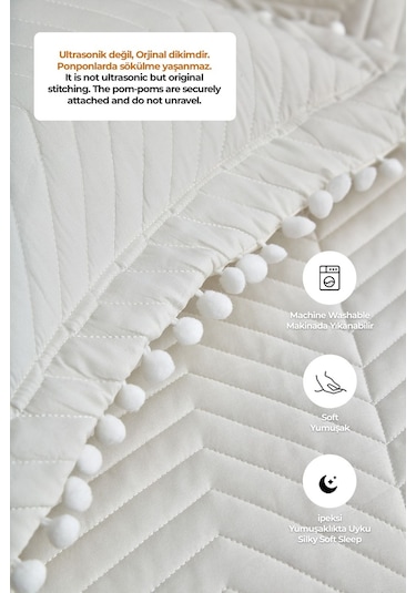 Evlen Home Ponponlu %100 Pamuk Tek Kişilik Günlük Yatak Örtüsü Pike Takımı Seti Krem / Kırık Beyaz