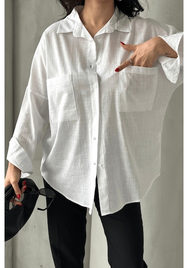 Paw Garage Kadın Harper Çift Cepli Oversize Keten Gömlek, 2025 Summer Collection Beyaz