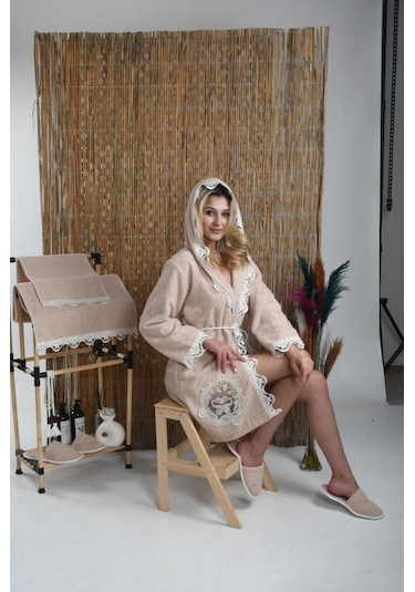 Kelebek Gelin Bornoz Seti 5 Parça Dantelli Çeyiz Bayan Bornoz Set 001