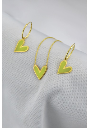 Papatya Silver 925 Ayar Gümüş Altın Kaplama Sarı Mineli Kalp Kolye Küpe Set