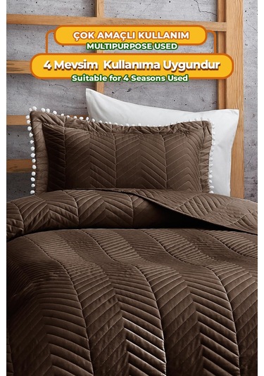 Evlen Home Ponponlu %100 Pamuk Tek Kişilik Günlük Yatak Örtüsü Pike Takımı Seti Koyu Kahve