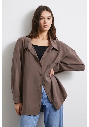 Oversize Cepli Modal Gömlek Kahve Kahve