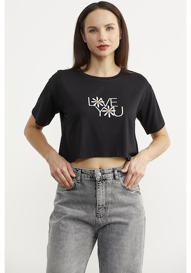 Oversize Baskılı Crop Tişört - Siyah Siyah