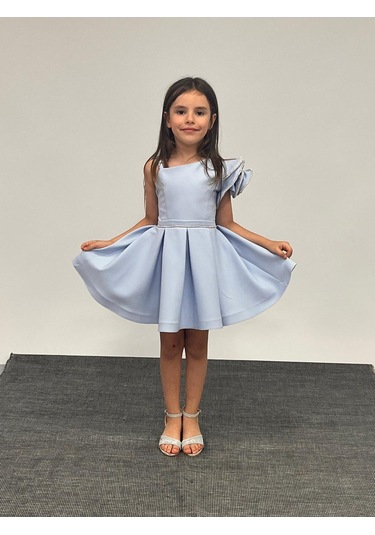 Kız Çocuk Abiye Mavi Kısa Tek Omuz Gül Detaylı Krep Kumaş Abiye Elbise 5-10 Yaş Mavi
