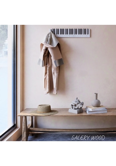 Dekoratif Piyano Elbise Askılığı 15x75 Cm 21 Tuşlu Ahşap Askılık Beyaz - Siyah