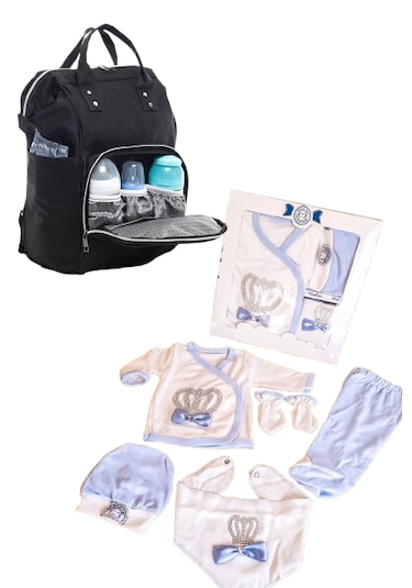 Bebek Bakım Çantası Ve 5 Parça Panda Hastane Çıkışı İkili Set Mavi - Siyah