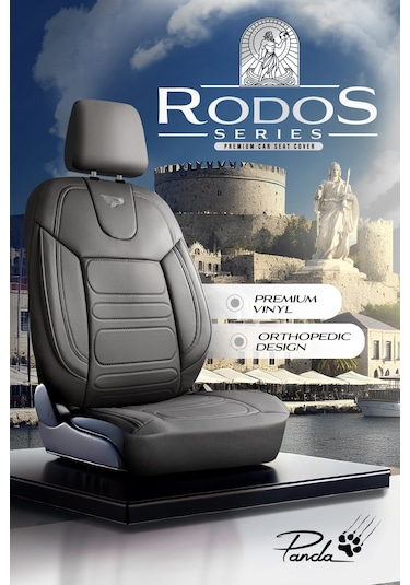 Gri - Gri Panda Rodos Serisi Deri Ortopedik Oto Koltuk Kılıfı - Tam Set