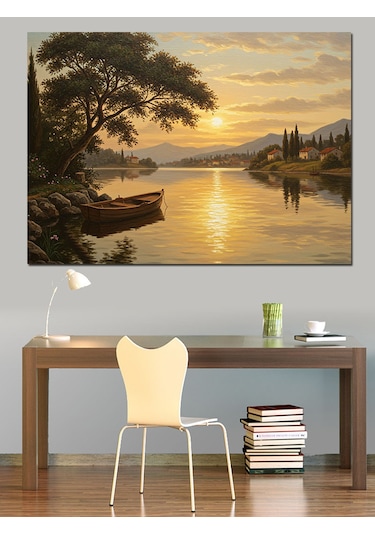 Sakin Göl Gün Batımı Dekoratif Kanvas - Mdf Ahşap Tablo