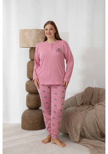 Lindros Kadın Pamuk'lu Düğme Yaka Raporlu İnterlok Kışlık Battal Pijama Takımı 0255 - 1 Adet Pembe