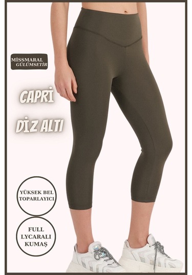 Kadın Yüksek Bel Toparlayıcı Kapri Tayt Dar Paça Karyoka Dikiş Detaylı Capri Haki 1020 Haki