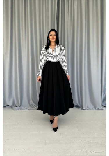 Siyah Uzun Pileli Etek Siyah