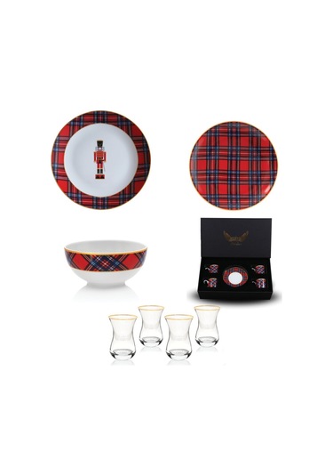 Kırmızı Ekose Tabak&çay Kahve Seti 20 Parça 4 Kişilik Beyaz - Kırmızı