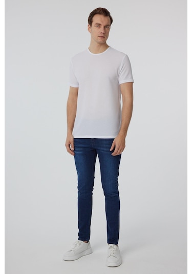 Süvari Beyaz Slim Fit Armürlü Bisiklet Yaka Tişört-37336 Beyaz