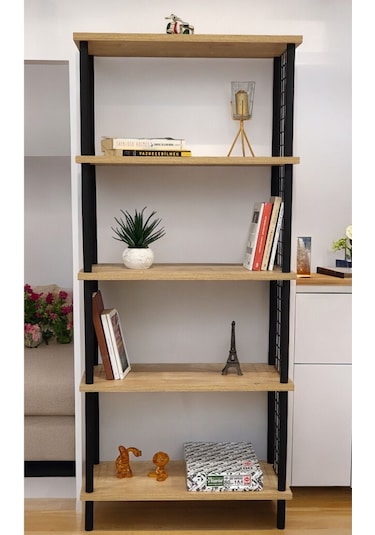 Kitap Yuvası 5 Raflı Geniş Kitaplık Ayakkabılık Banyo Düzenleyici Klasörlük Dekoratif Mutfak Rafı Safir Meşe