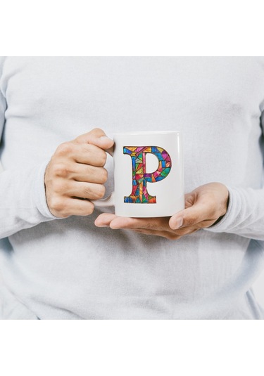 P Harfi Bardak 330 Ml İsme/harfe Özel Hediye, Renkli Harf Tasarım Beyaz