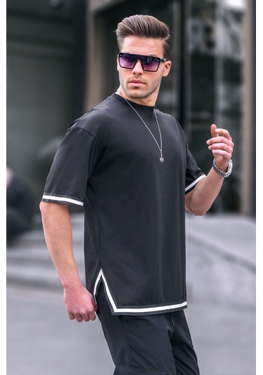 Madmext Siyah Bisiklet Yaka Şeritli Tişört 6097-siyah Siyah