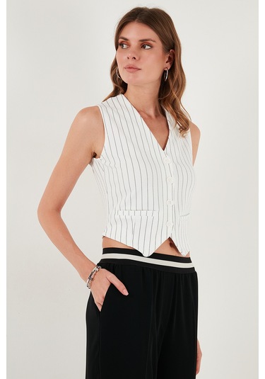 Lela Streç Fitted Fit V Yaka Düğmeli Bayan Yelek 5865971 Beyaz-Siyah