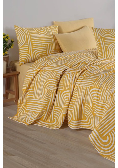 As Perde Cotton Life Çift Kişilik Pike Takımı Babil Sarı