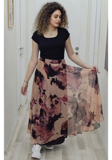 Bel Lastikli Kloş Desenli Şifon Etek 6003-kahverengi Kahverengi