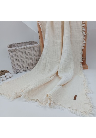 %100 Pamuklu 4 Kat Müslin Bebek Battaniyesi 90x120 Cm - Kiremit Mevsimlik Bebek Örtüsü - Oscar Ekru