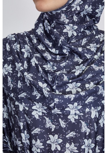 Pratik Tek Parça Manolya Desenli Namaz Elbisesi Lacivert