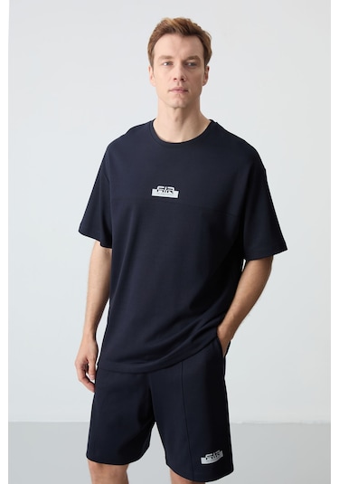 Lacivert Pamuklu Kalın Yumuşak Dokulu Oversize Fit Basic Erkek Şort Takım - 85259