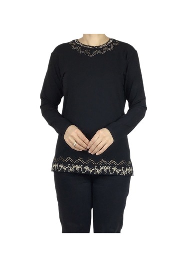 Kadın Yaka Ve Etek Desenli Taşlı Likralı Bluz-arpbattal2 siyah