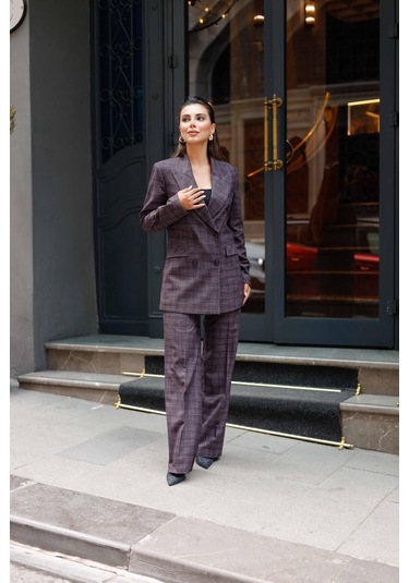 6 Düğmeli Kruvaze Ekose Takım Bordo Bordo