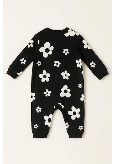 Unisex Bebek Papatya Desenli Pamuklu Siyah Tulum Siyah