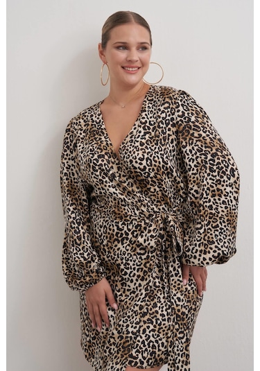 Beli Kuşaklı Leopar Elbise-2571 Kahverengi