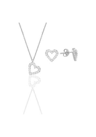 Gümüş Rodyumlu Zirkon Taşlı Kalp Kolye Ve Küpe İkili Set