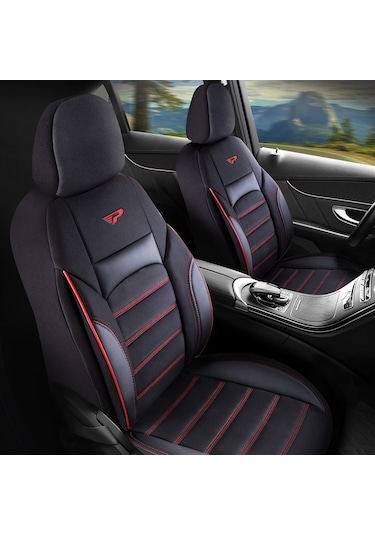Panda Special Serisi Jakar Kumaş Oto Koltuk Kılıfı - Siyah - Kırmızı