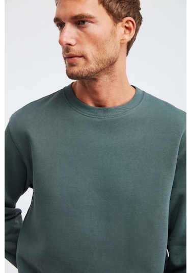 GRIMELANGE Travıs Erkek Organik Kumaşlı Yumuşacık Regular Fit Yuvarlak Yakalı Koyu Yeşil Sweatshirt Koyu Yeşil