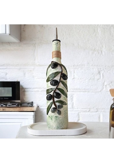 El Yapımı Kabartma Seramik Uygulamalı Zeytin Dalı Desenli Cam Şişe Sirkelik-yağdanlık, Mutfak Dekor Çok Renkli