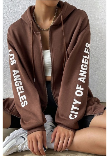 Modagen Kadın Kahverengi Kol Los Angeles Baskılı Detaylı Kapüşonlu Hırka Kahve