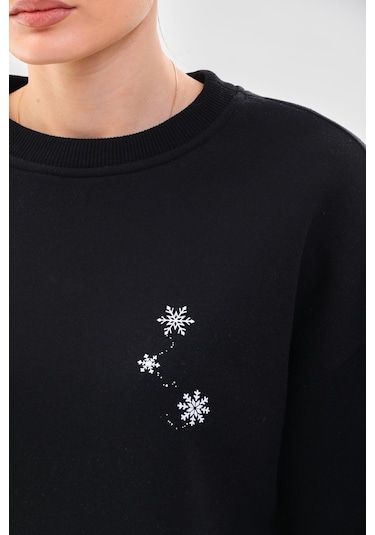 Kallima Oversize Baskılı İçi Polarlı Siyah Kadın Sweatshirt Siyah
