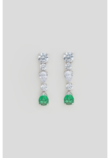 Yeşil Taşlı 18 Ayar Beyaz Altın Kaplama Gümüş Küpe Beyaz